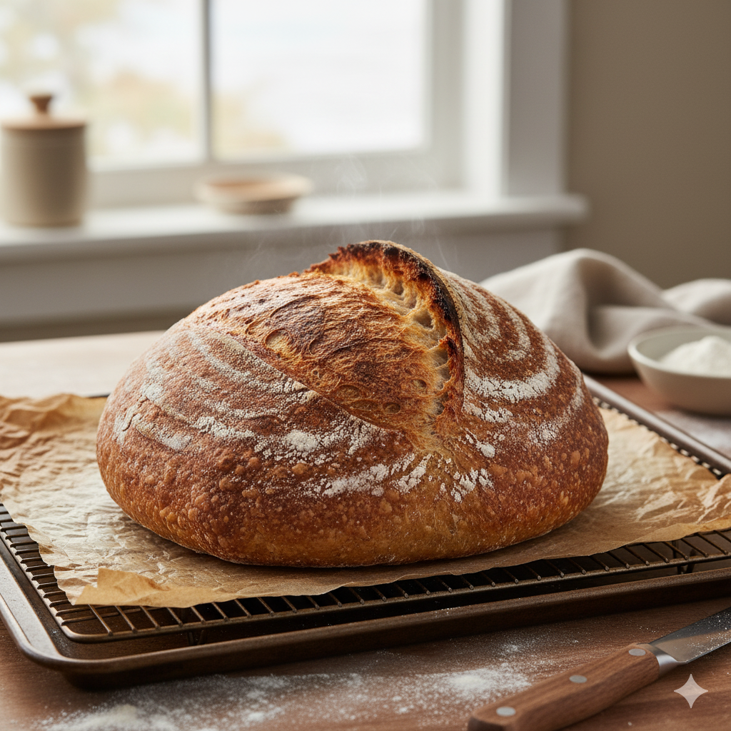 Een versgebakken ambachtelijk zuurdesem brood met een diepbruine, krokante korst en een prachtig ingesneden patroon
