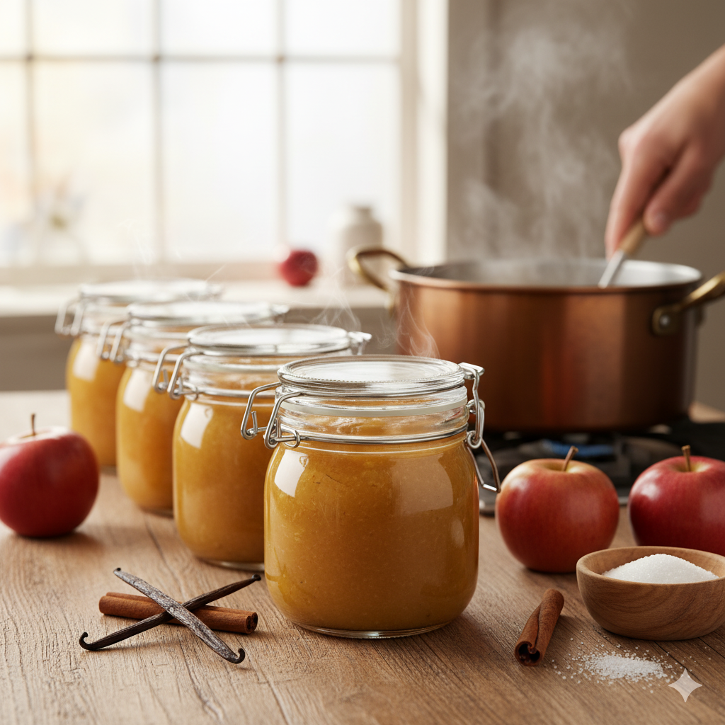 Rij aan rij weckpotten gevuld met gladde, goudgele appelmoes en een kaneelstokje ernaast.