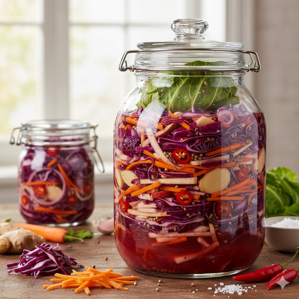 Een glazen pot gevuld met fijngehakte rode kool en geraspte wortel in eigen pekel.