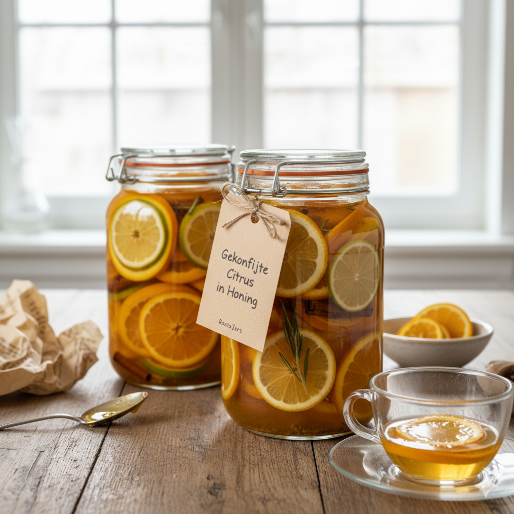 Glanzende schijfjes sinaasappel en citroen in een pot met goudgele honing en een kaneelstokje