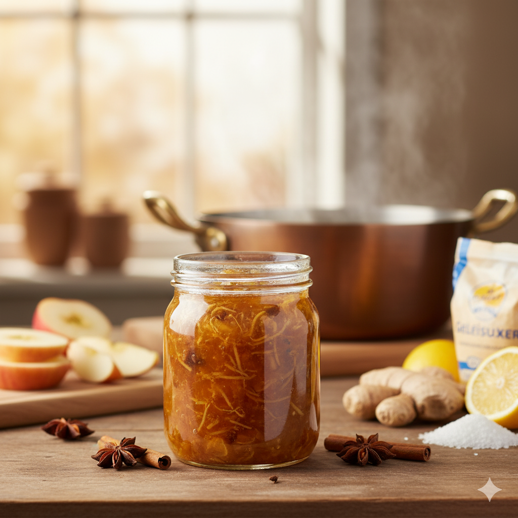 Een potje goudbruine appeljam met zichtbare stukjes gember en specerijen op een houten tafel.