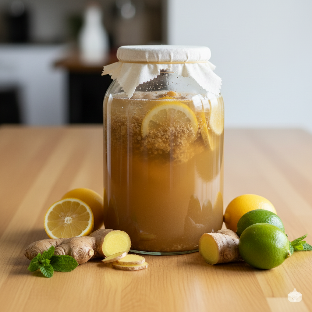 Een troebel, bruisend glas gemberbier met ijs, verse gember en een schuimende koolzuurkraag.