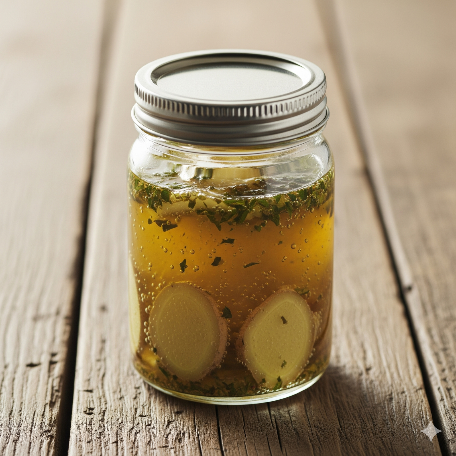 Een glazen flesje met een troebele, goudgele dressing naast een kom verse groene salade en gember.