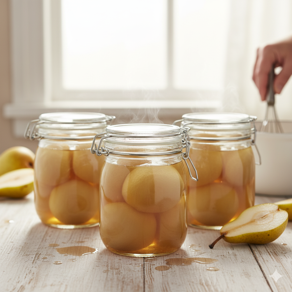 Prachtig witte, geschilde peren in een glazen weckpot gevuld met glanzende suikersiroop.