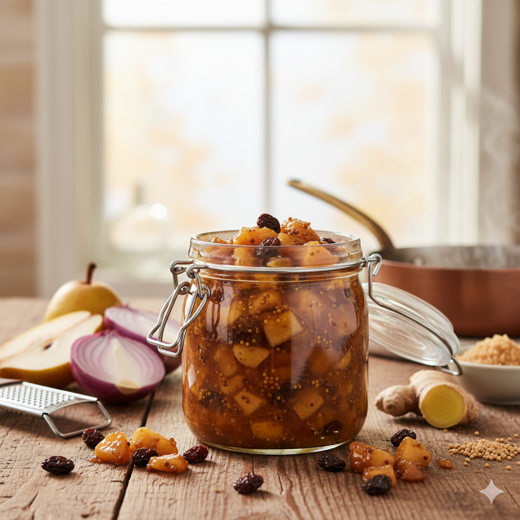 Een glazen pot gevuld met dikke, glanzende appel- en perenchutney, rozijnen en stukjes ui
