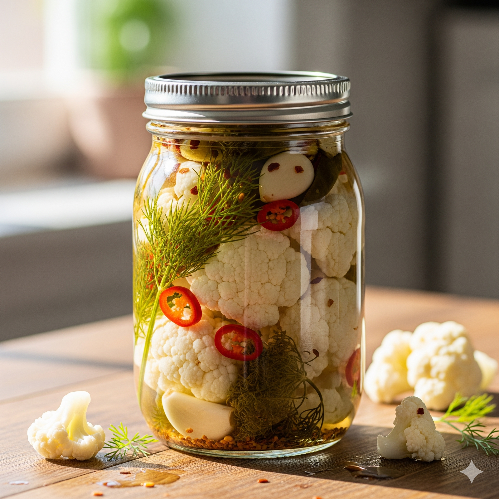 Glazen potten gevuld met helderwitte en goudgele bloemkoolroosjes in een kruidige azijnmarinade