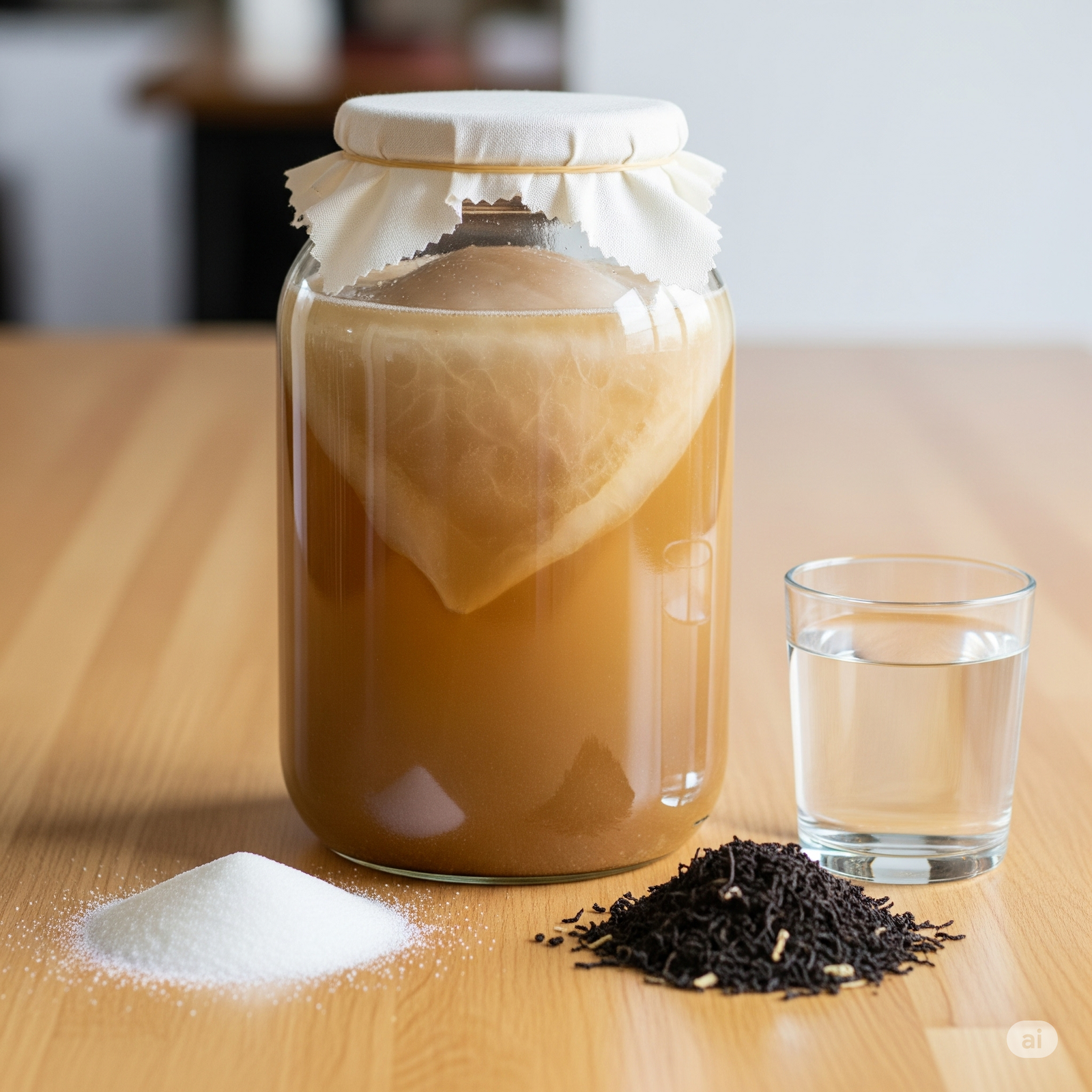 Een glazen brouwpot met een gezonde SCOBY aan de oppervlakte als resultaat van dit basisrecept kombucha maken.