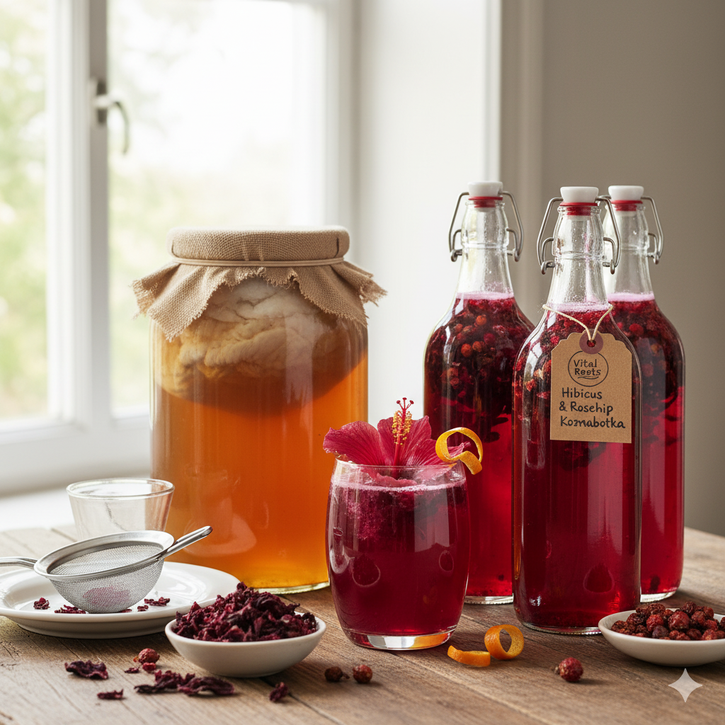 Een kristalhelder glas gevuld met dieprode hibiscus kombucha en gedroogde rozenbottels op de achtergrond