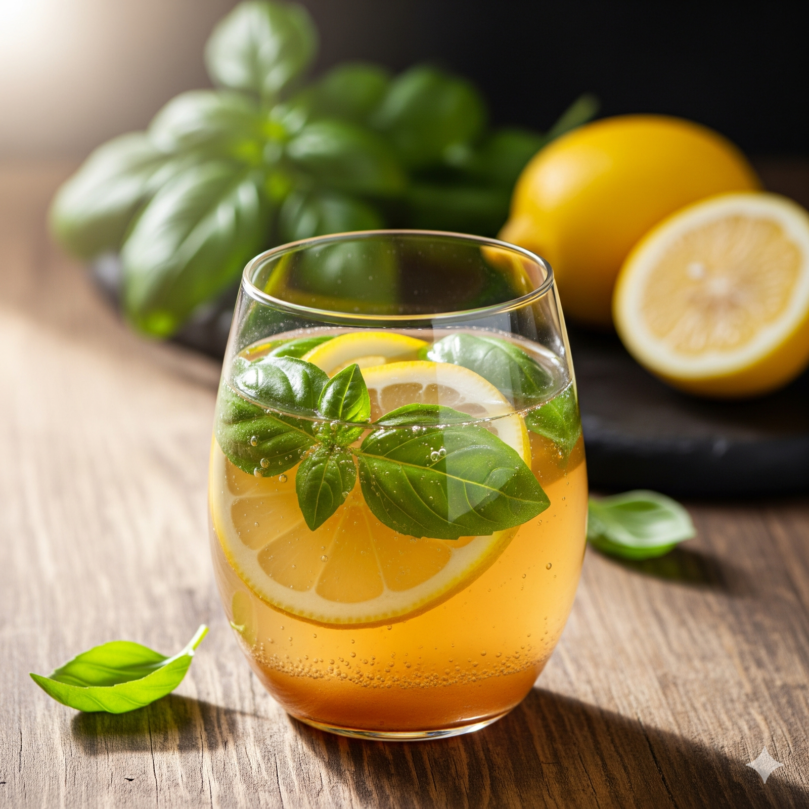 Een bruisend glas kombucha met verse basilicumblaadjes, een schijfje citroen en ijsblokjes