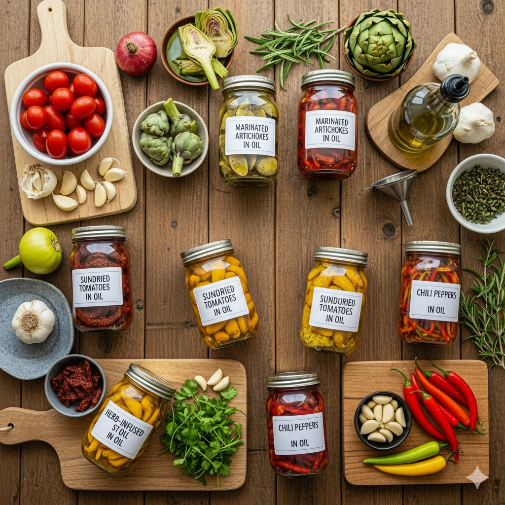 Verschillende glazen potten met groenten en kruiden als resultaat van dit basisrecept olieconserven maken