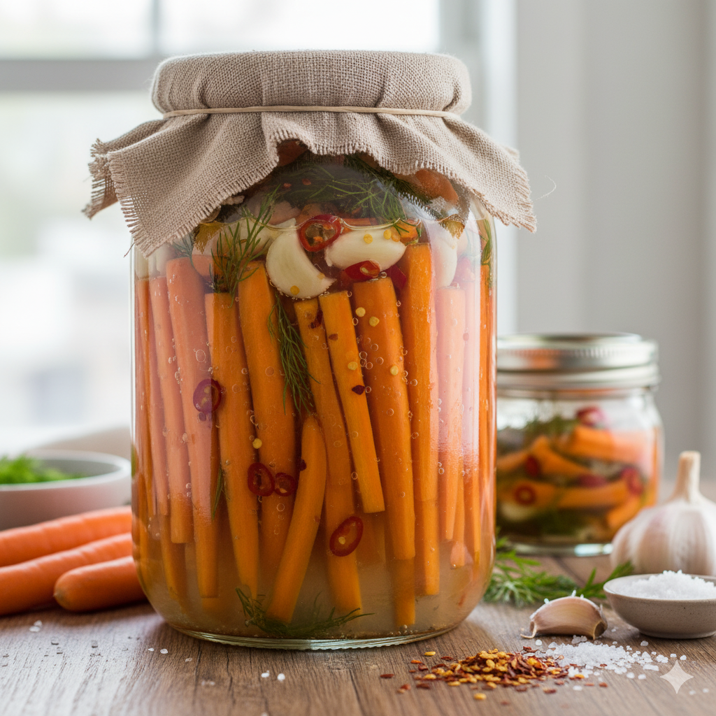 Glazen pot met verticale wortelsticks, rode peper en teentjes knoflook in een heldere pekel.