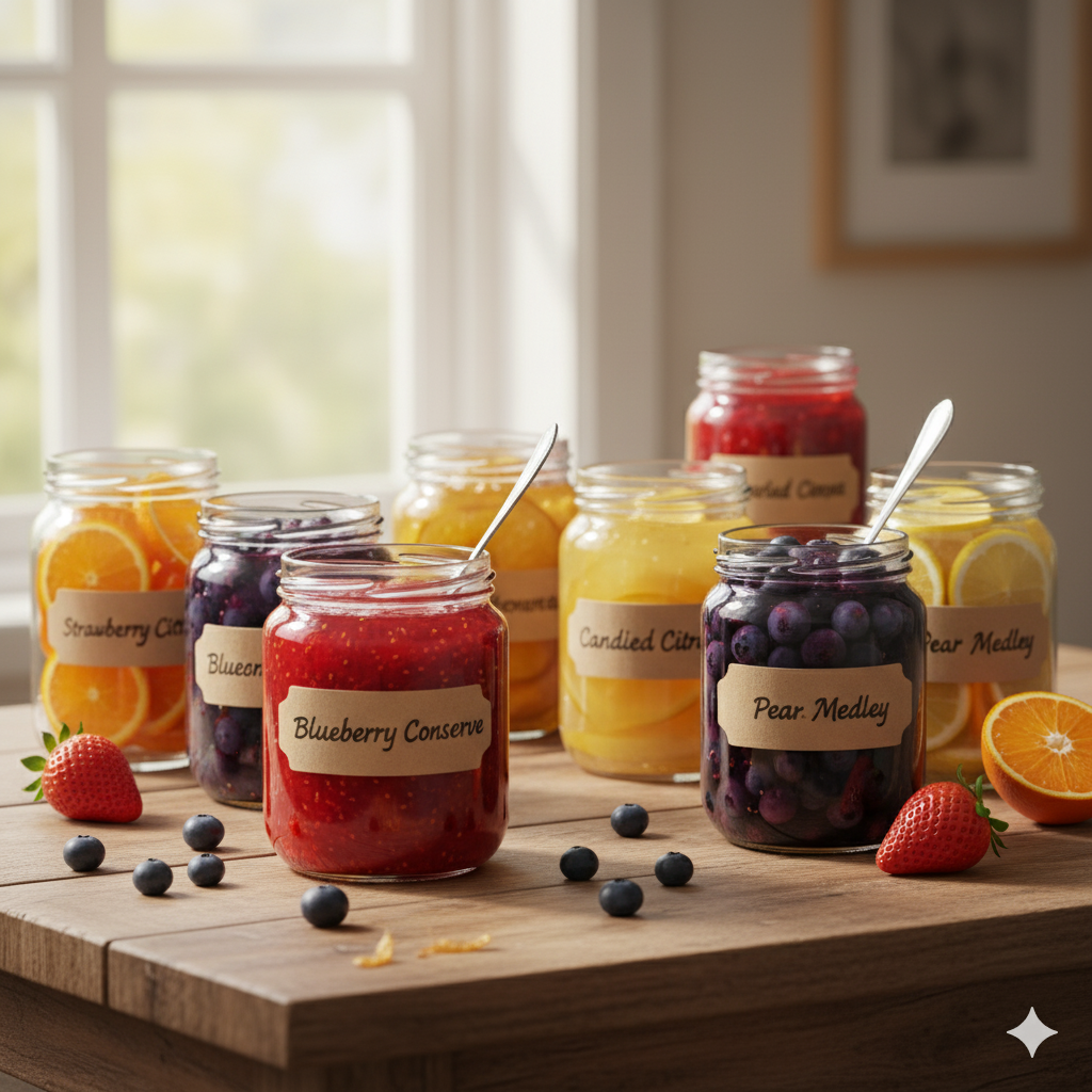 Glanzende potten met gekonfijt fruit als resultaat van dit basisrecept suikerconserven maken.