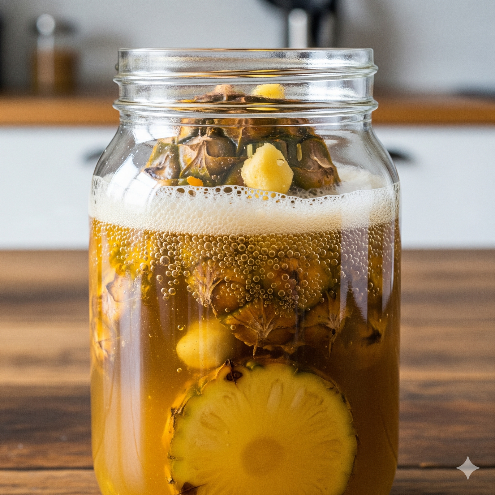 Een rustieke glazen pot gevuld met ananasschillen, kaneelstokjes en troebel, bruisend water.