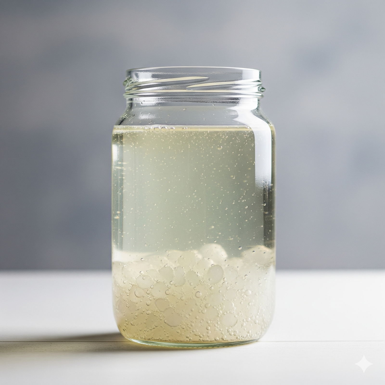 Een heldere glazen pot met actieve kristallen als resultaat van dit basisrecept waterkefir maken