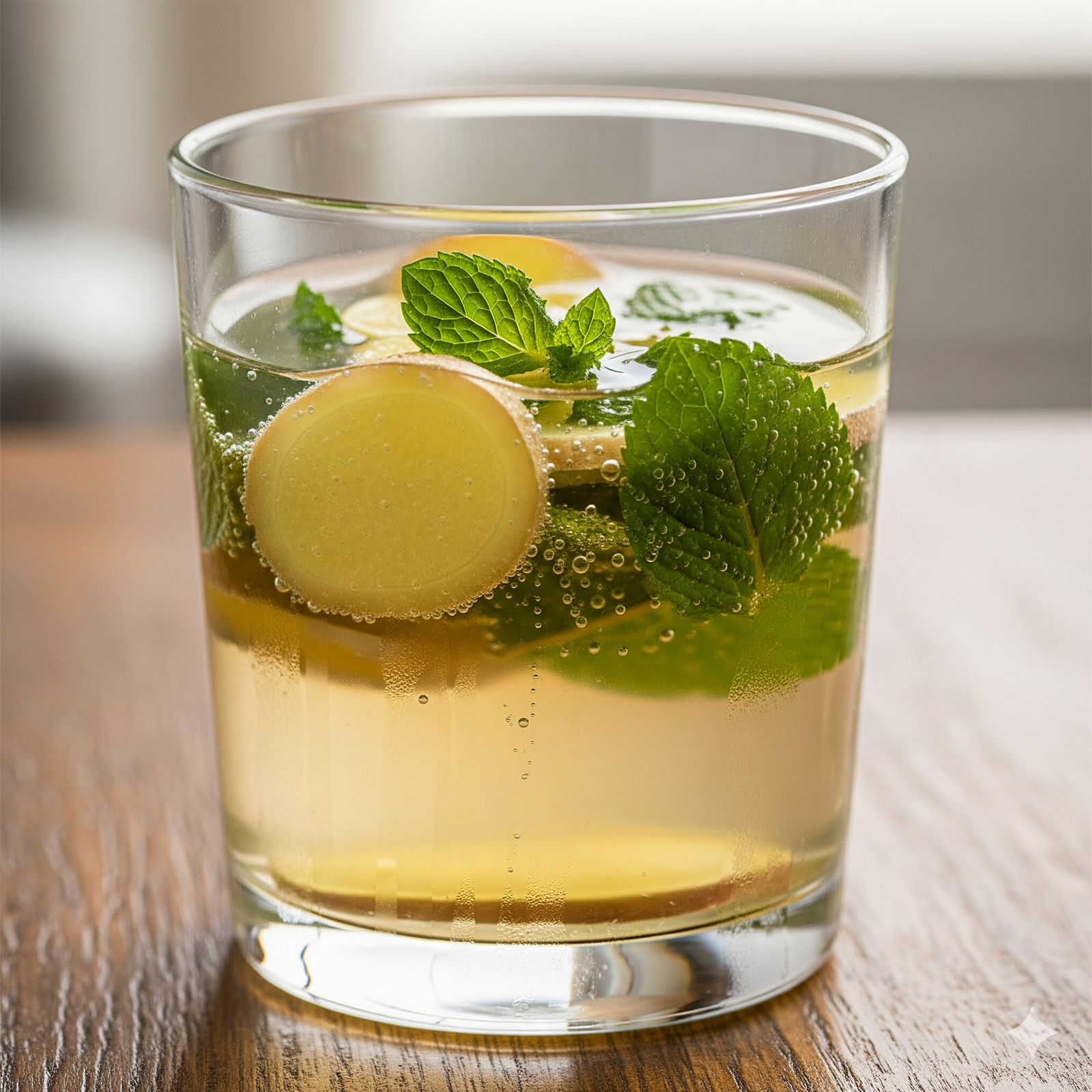 Een bruisend glas waterkefir met verse muntblaadjes, schijfjes gember en een schuimende kraag.