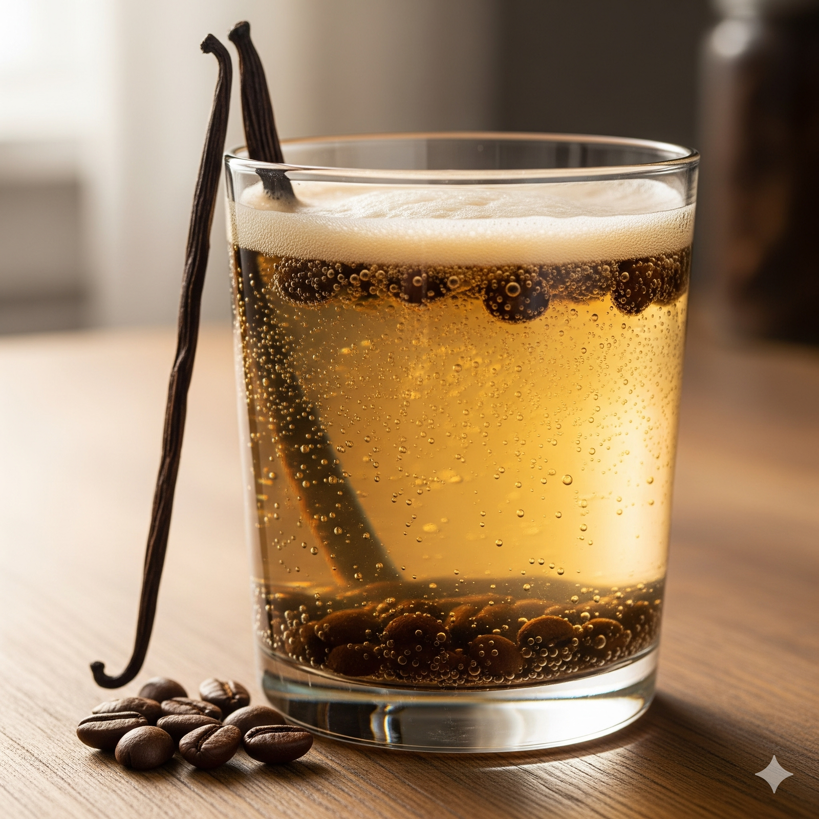 Een bruisend glas donkere koffie-waterkefir met een vanillestokje en een romige schuimkraag.