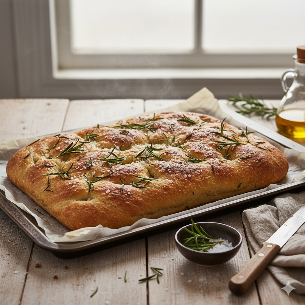 Een versgebakken zuurdesem focaccia met diepe kuiltjes, glanzende olijfolie en groene naaldjes rozemarijn.