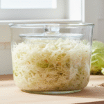 Een glazen weckpot met vers gestampte witte kool tijdens het volgen van dit basisrecept zuurkool fermenteren.