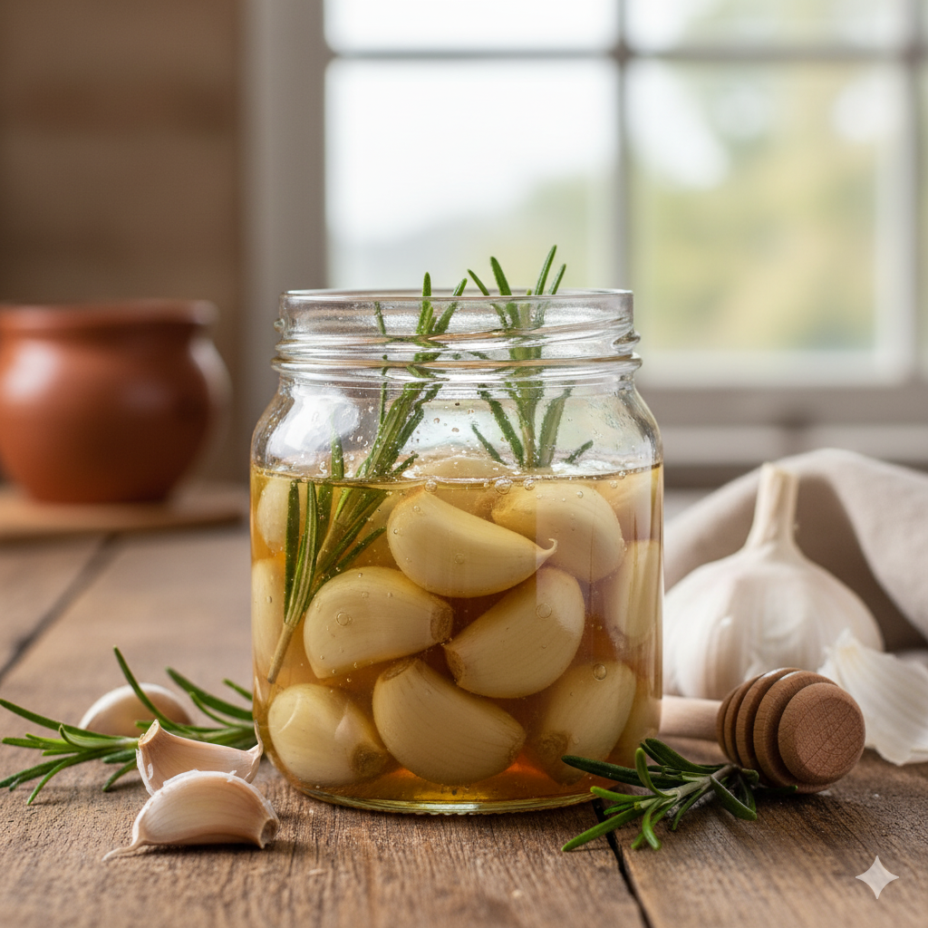 Een glazen pot met gepelde knoflooktenen die drijven in vloeibare, goudbruine honing met kleine luchtbelletjes.