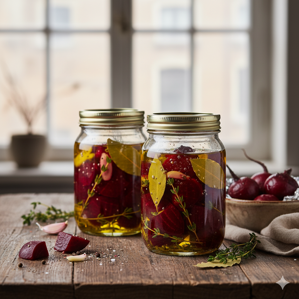 Glanzende dieprode schijfjes geroosterde biet in een glazen pot met kruidige olie en knoflook.