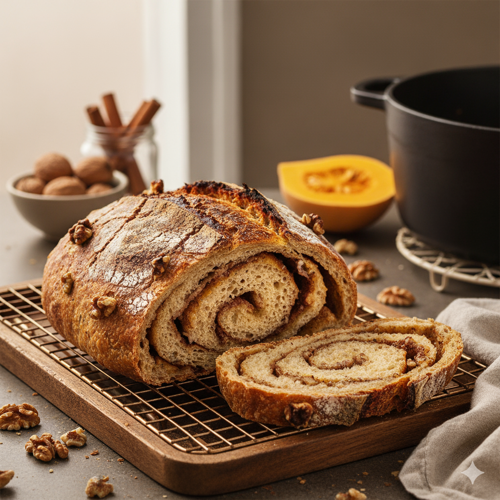 Een aangesneden zuurdesem brood met een prachtige oranje pompoen-vulling en stukjes walnoot