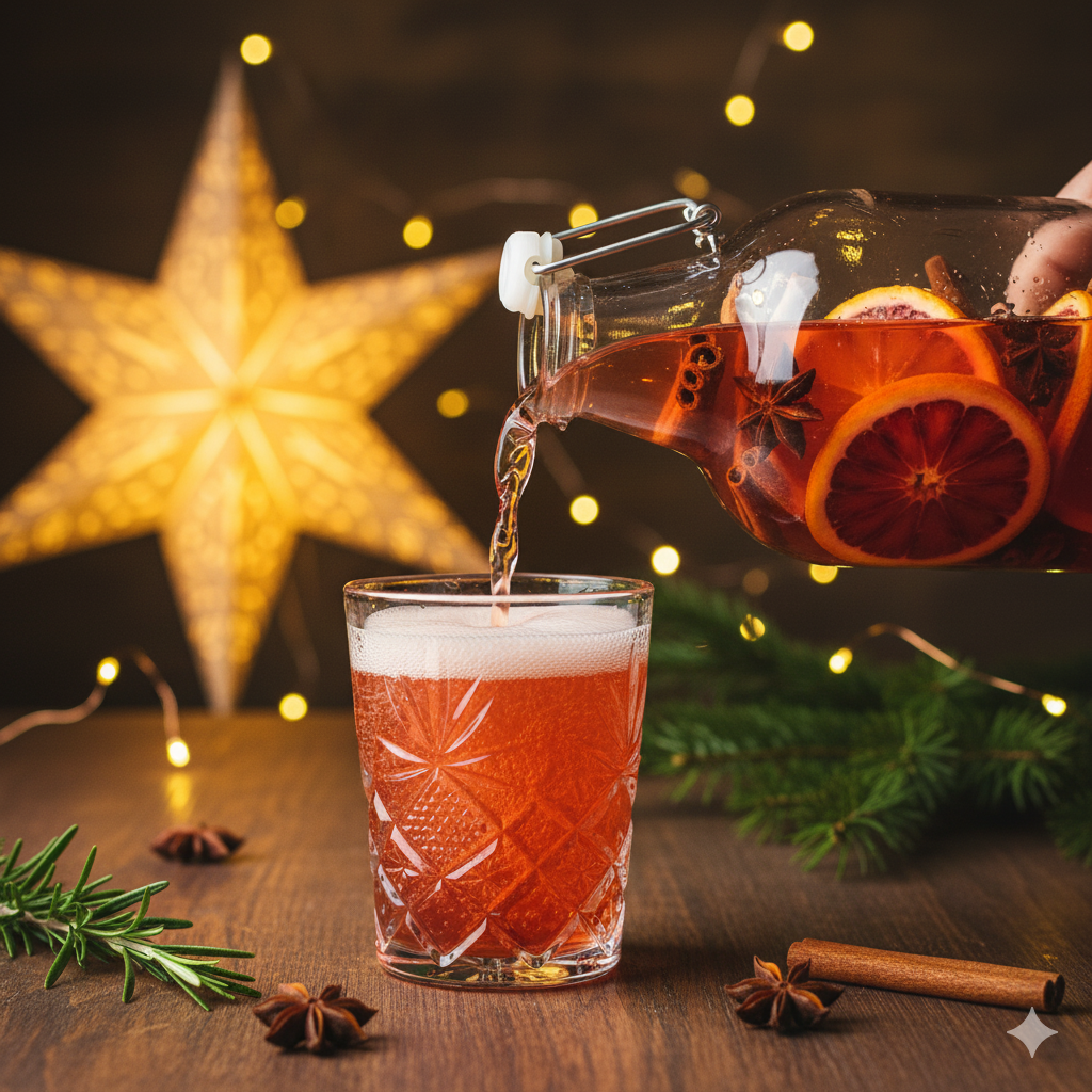 Een glas dieprode Jun-kombucha met een schijfje bloedsinaasappel en steranijs.