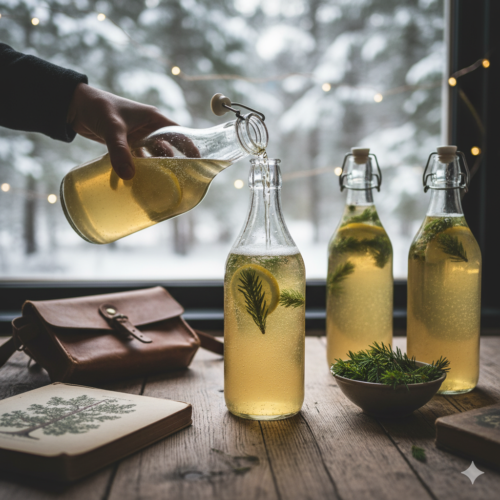 Een glazen pot met Jun-ferment, verse groene dennentoppen en rauwe honing.