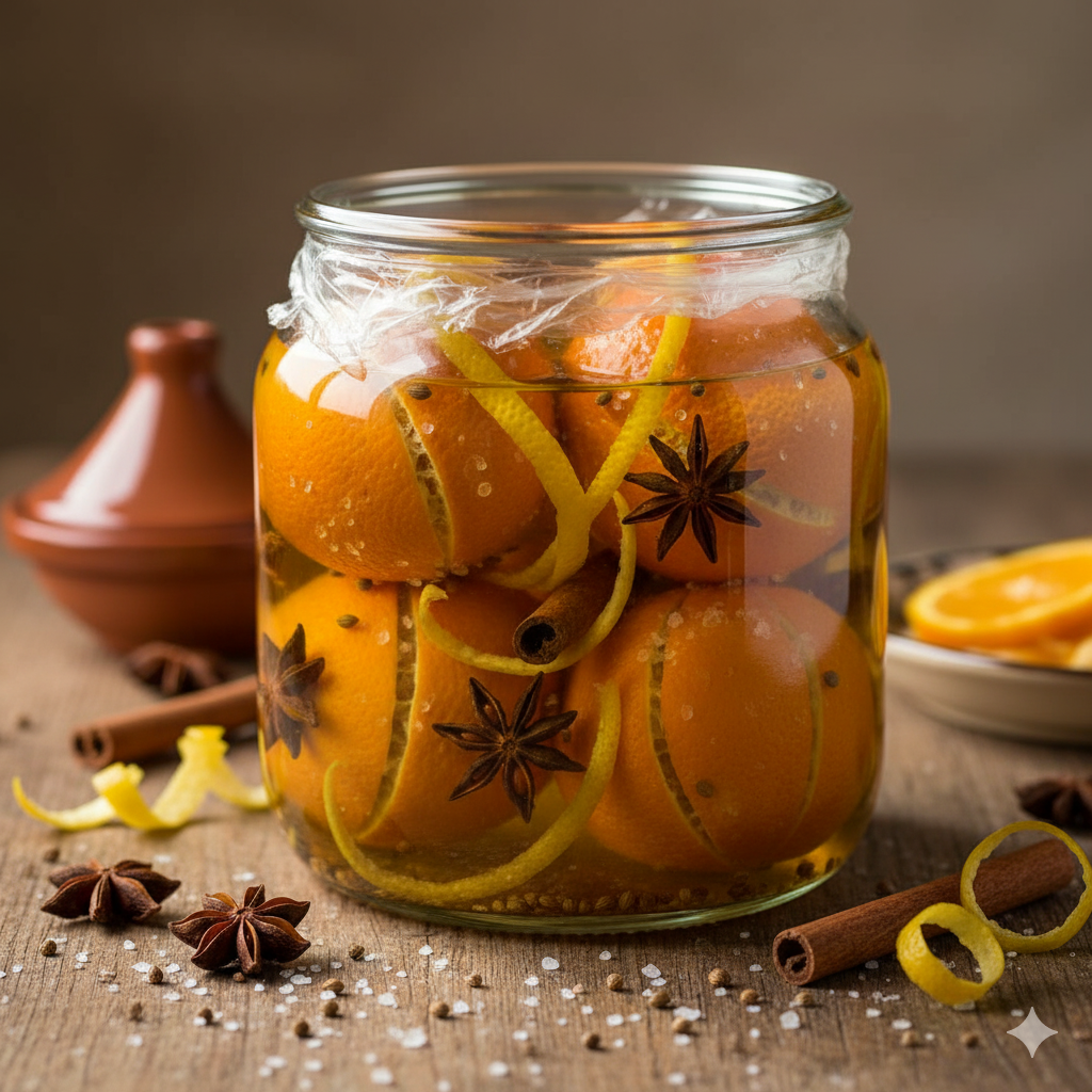 Een glazen pot gevuld met in zout gefermenteerde sinaasappelschijfjes en aromatische specerijen