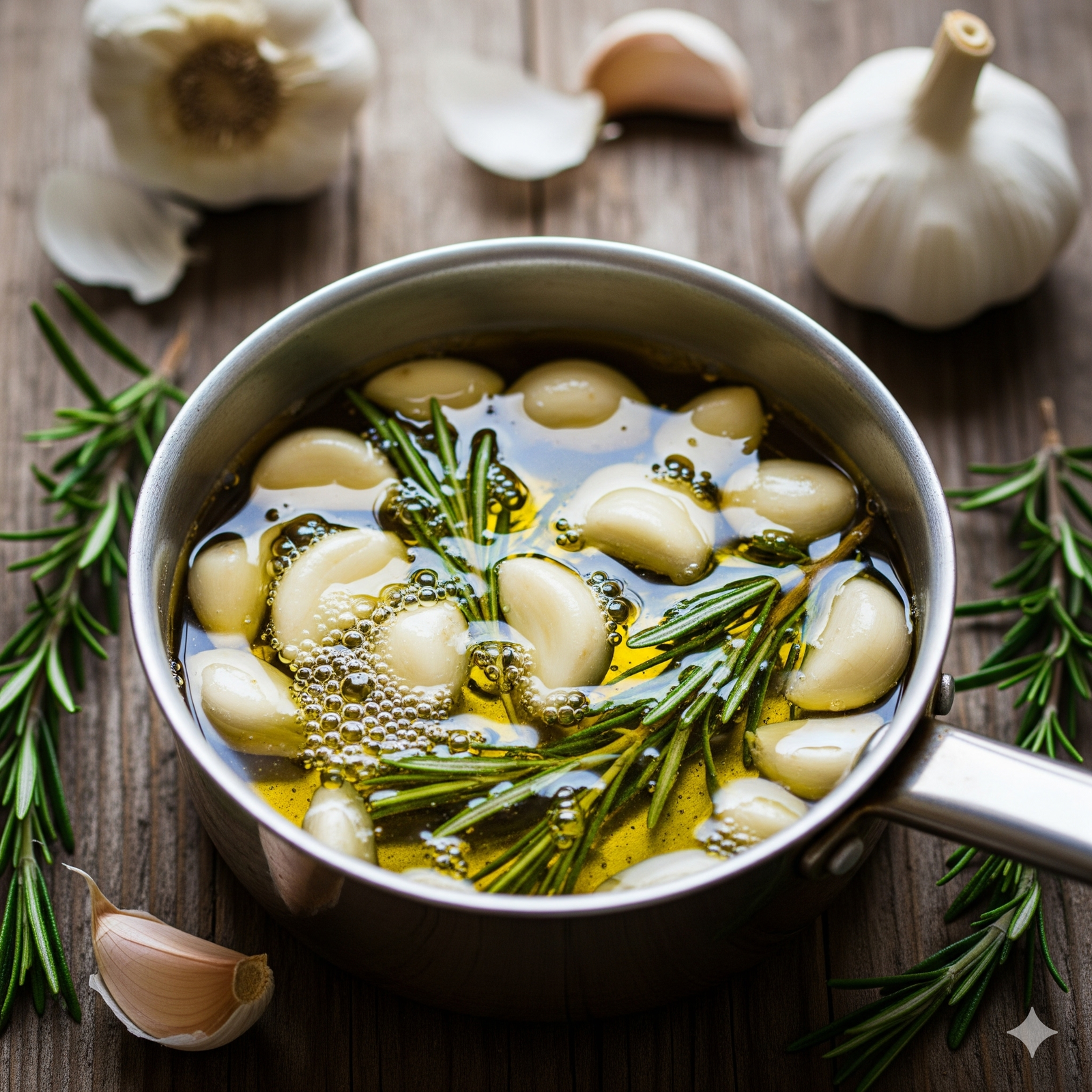 Een steelpan met goudbruine teentjes gekonfijte knoflook in olijfolie met een takje rozemarijn.