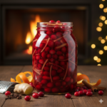 Een pot dieprode gefermenteerde cranberry relish met stukjes sinaasappel en gember.