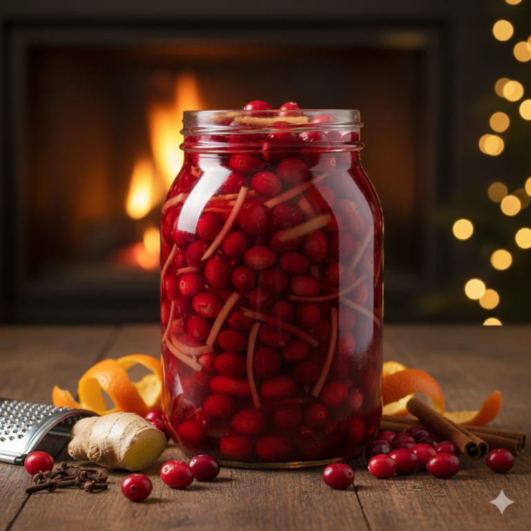 Een pot dieprode gefermenteerde cranberry relish met stukjes sinaasappel en gember.