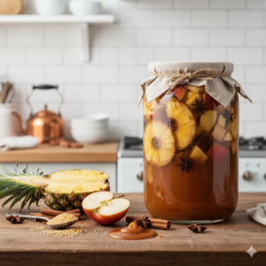 Een jar bruisende herfst-tepache met schijfjes appel en een stokje kaneel