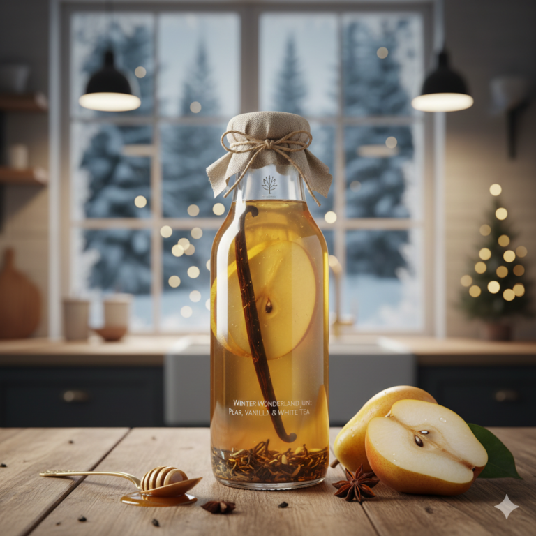 Een elegante fles Winter Wonderland Jun met witte thee, peer en een vanillestokje.