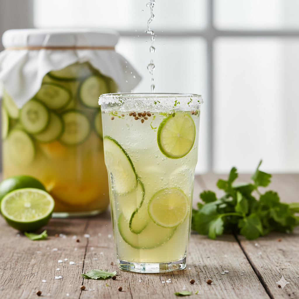 Een glas ijskoude gefermenteerde tepache met schijfjes komkommer en verse koriander.