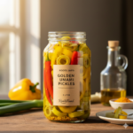 Een 1 liter Roots Jar gevuld met Golden Umami Pickles: goudgeel ingelegde preiringen, selder en gele paprika in een kurkuma-azijn met rode chilipepers op een rustieke houten tafel.