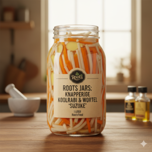 Een 1 liter glazen Roots Jar gevuld met Knapperige Suzuke: fijn gesneden julienne van koolrabi, wortel en gember in een heldere azijnvloeistof op een houten tafel.