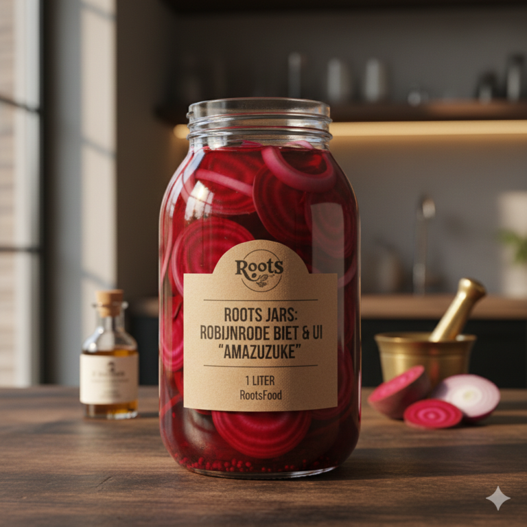 Zelf rode biet inleggen zoetzuur met rode ui in een glazen Roots Jar.