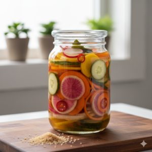 Een kleurrijke regenboogmix van radijs, komkommer en wortel in een glanzende Amazuzuke marinade, gepresenteerd in een glazen Roots Jar met een glazen gewicht en een rode chilipeper voor een pittig accent.