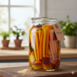 Kleurrijke wortelstaafjes in een goudgele Amazuzuke marinade in een glazen jar met een Japans label, geplaatst op een houten snijplank met ongeraffineerde suiker op de voorgrond.