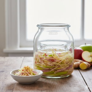 Fijngesneden appel en koolrabi (julienne) met gember in een glazen Roots Jar met gewicht.