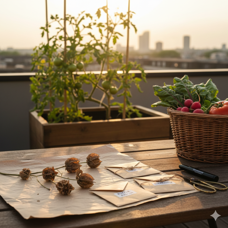 Papieren envelopjes met gedroogde zaden op een houten tafel naast een mand met verse oogst van het dakterras.