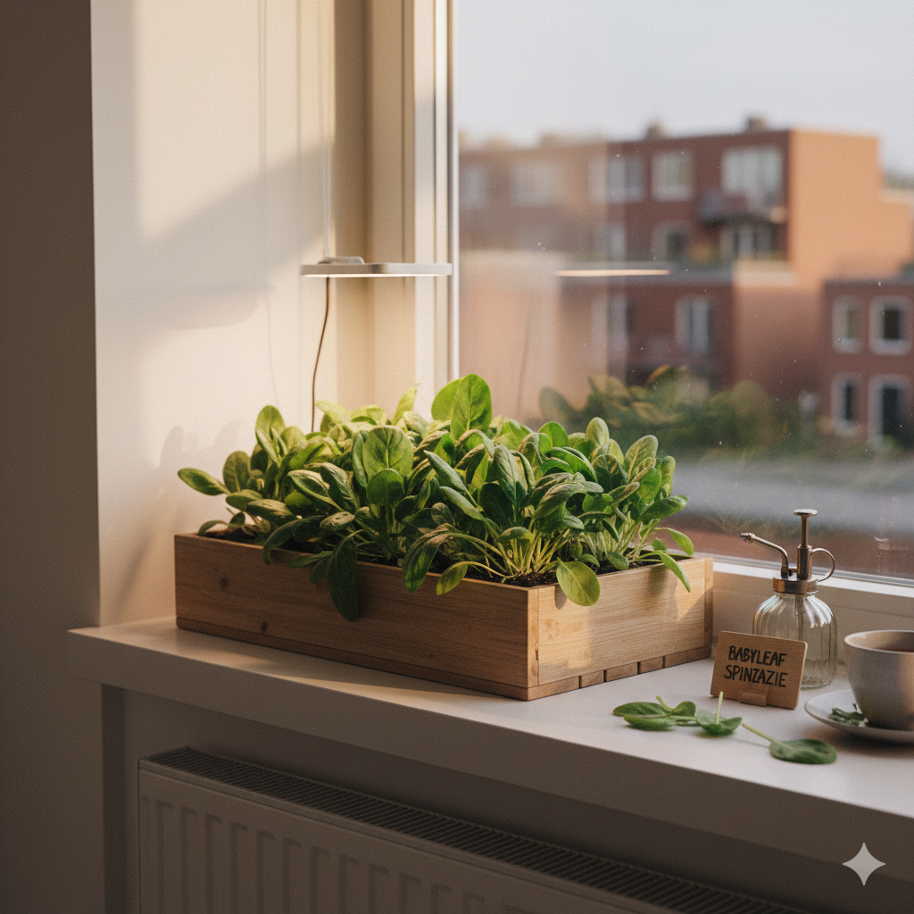 Groene babyleaf spinazie groeit in een houten bak op een lichte vensterbank in een stedelijke keuken.