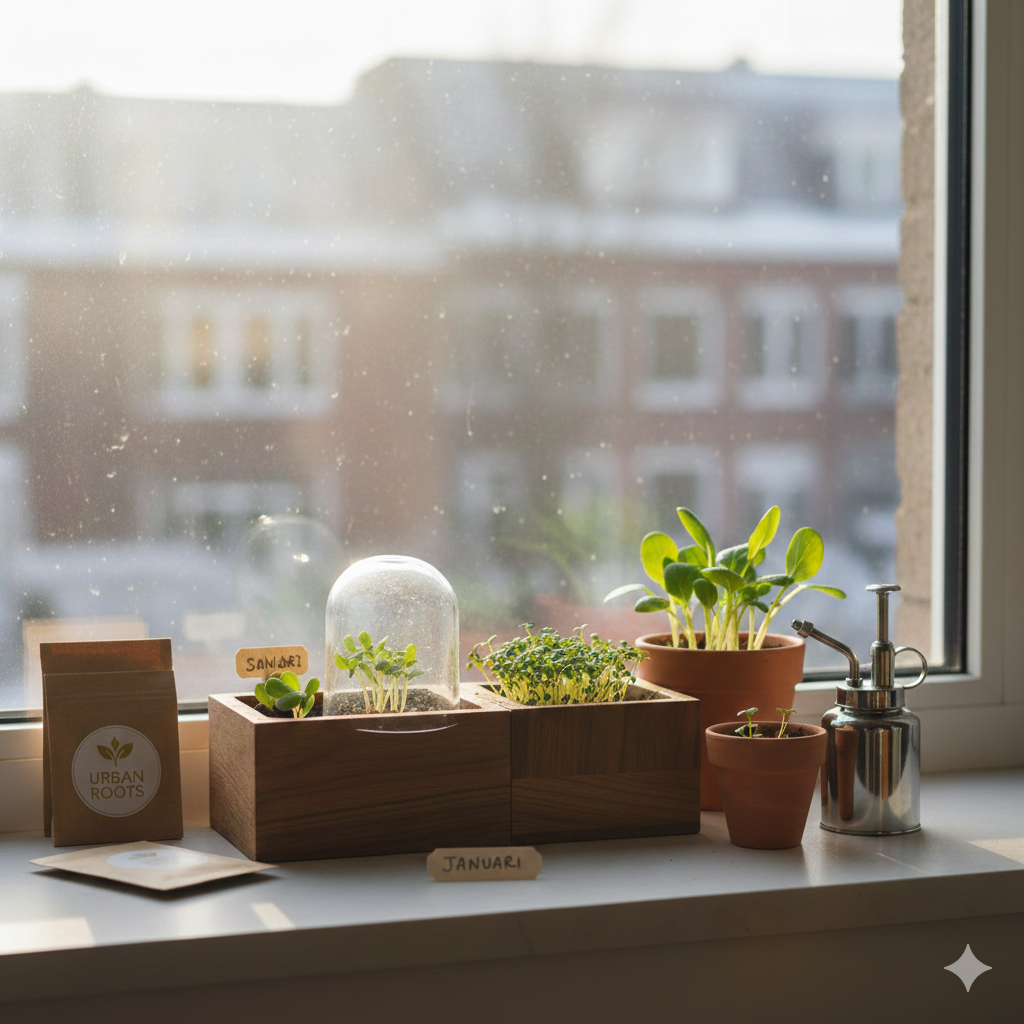Kleine kweekbakjes op een vensterbank met de eerste groene zaailingen van radijs en sla in de januari-zon.