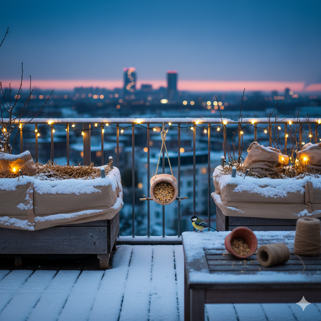 Een sfeervol winterbalkon met ingepakte potplanten en een houten voederhuisje waar een koolmeesje van zaden eet.