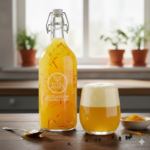 Een fotorealistische beugelfles gevuld met felgeel Golden Glow elixer, geraspte kurkuma en zwarte peperkorrels op een rustieke houten tafel.