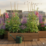Een weelderig groen dakterras in juni met hangmanden, bloeiende stokrozen en ondersteunde tomatenplanten.