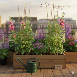Een weelderig groen dakterras in juni met hangmanden, bloeiende stokrozen en ondersteunde tomatenplanten.