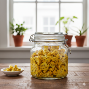 Kleine bloemkoolroosjes in een heldere goudgele mosterd-honingmarinade in een glazen Roots Jar op een houten tafel.