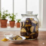 Halve maantjes aubergine in een gele mosterdmarinade in een glazen Roots Jar met een glazen gewicht bovenop