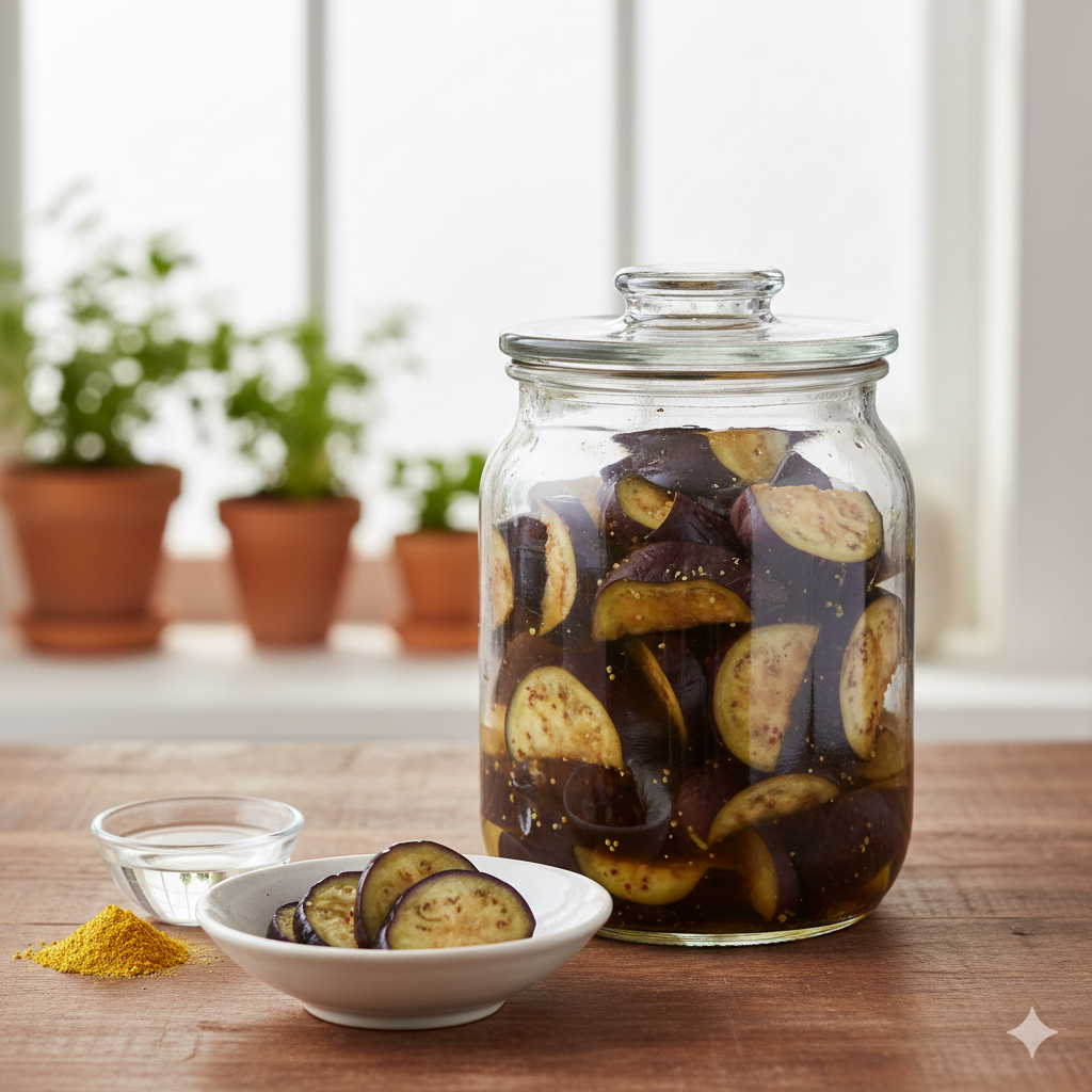 Halve maantjes aubergine in een gele mosterdmarinade in een glazen Roots Jar met een glazen gewicht bovenop